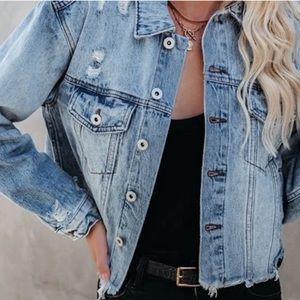 Cropped Oversized Denim Jacket With Distress